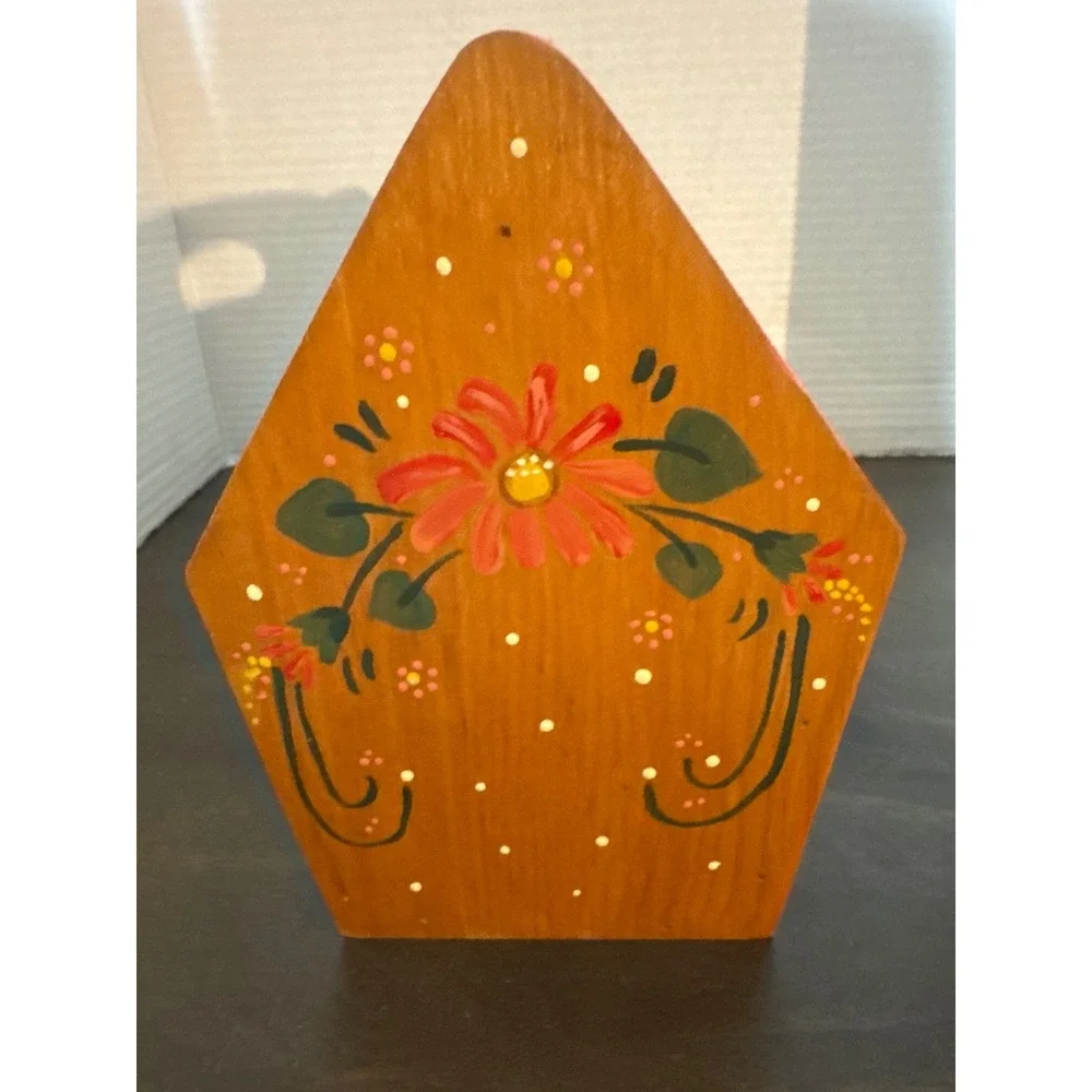Vintage Hand Painted Wooden Floral Caddy Folk Art Mail Sorter Napkin Holder Pink